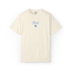 Ivory Comfort Colors t-shirt with embroidered "Blessed are the Peacemakers" + dove in a cornflower blue thread