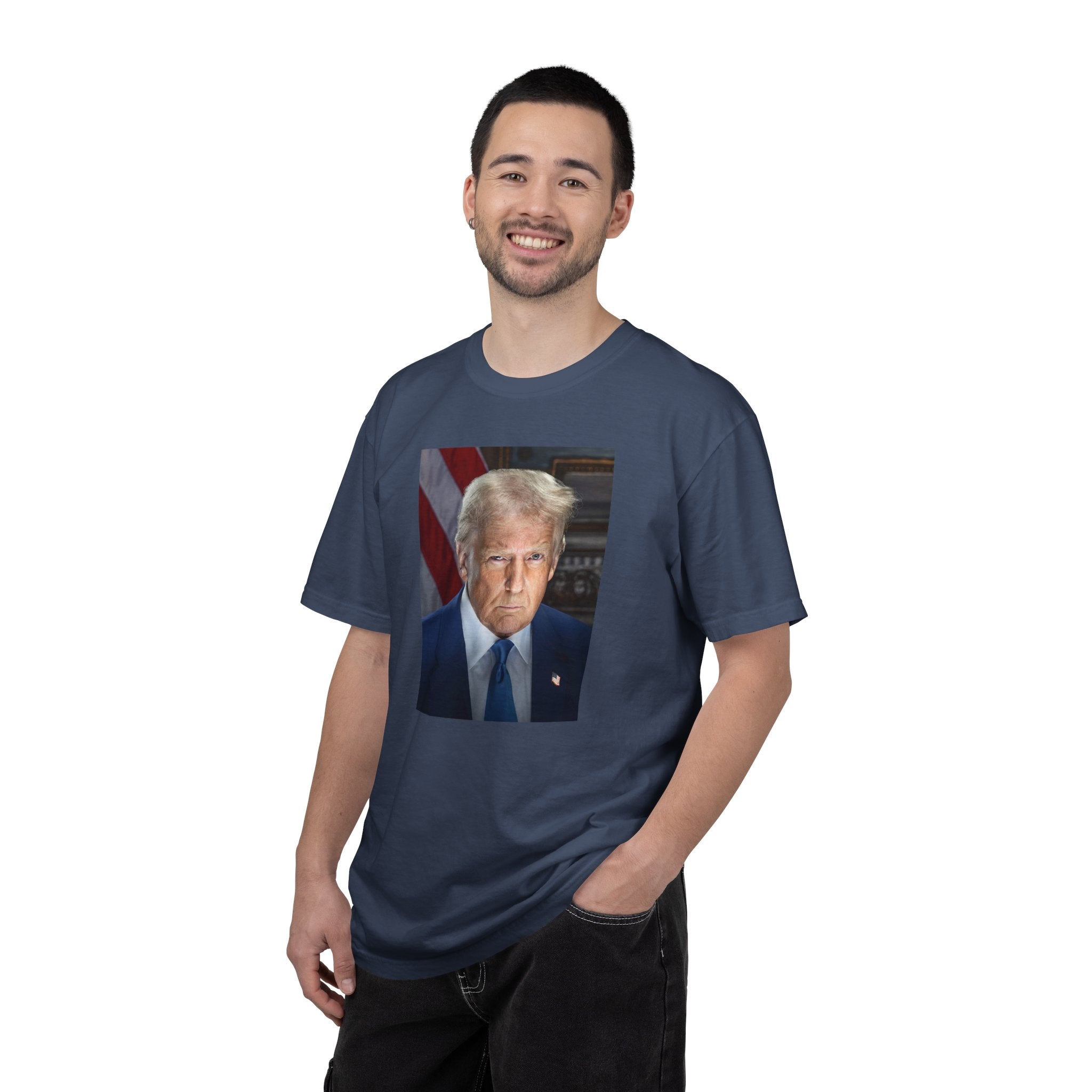 Man wearing Donald Trump 47 patriotic t-shirt in midnight