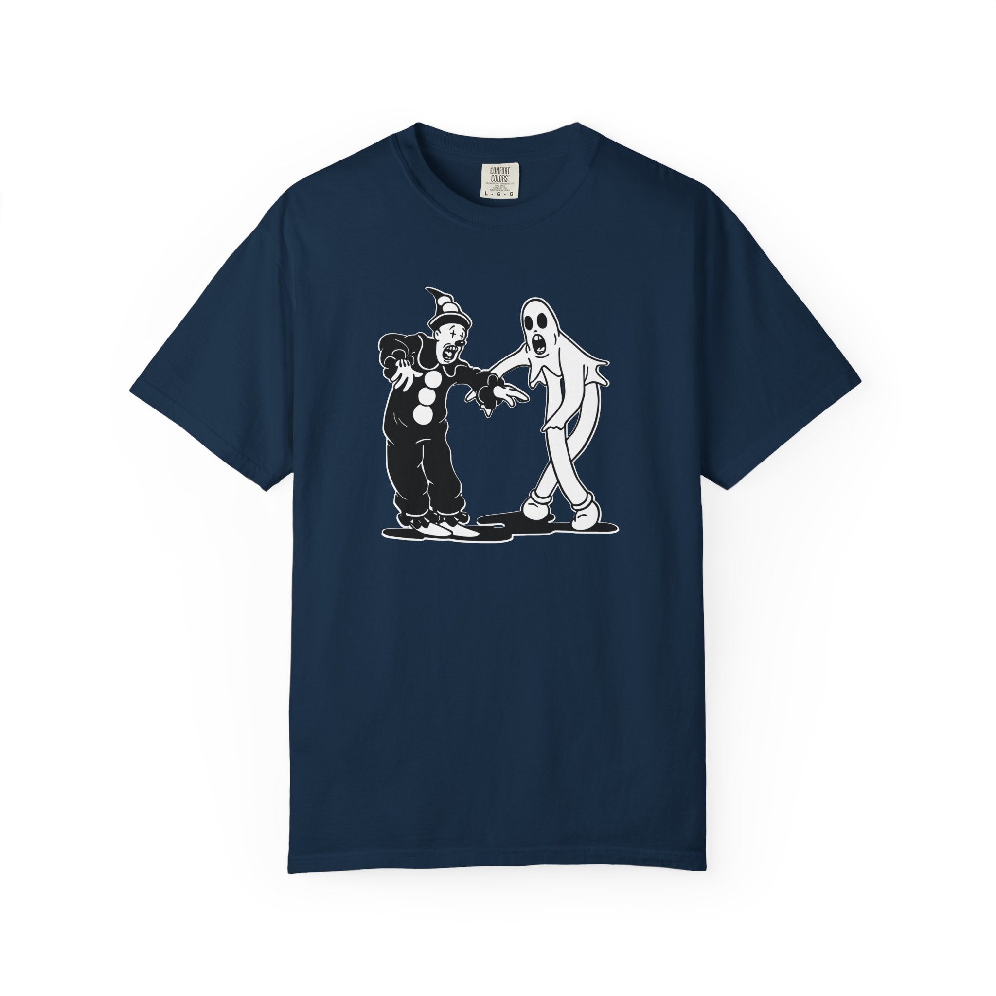 Koko the Clown Dancing Ghost psyop meme t-shirt in monochrome vintage style in true navy
