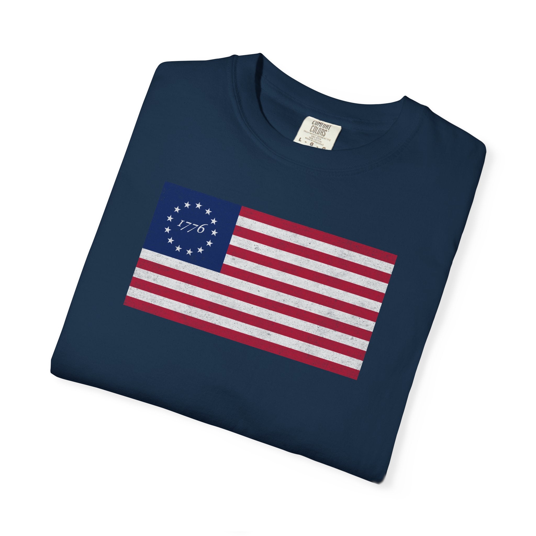 Folded distressed Betsy Ross flag 1776 t-shirt in true navy
