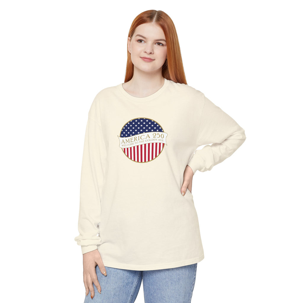 Woman wearing a long sleeve Ivory Comfort Colors t-shirt with America 250 design