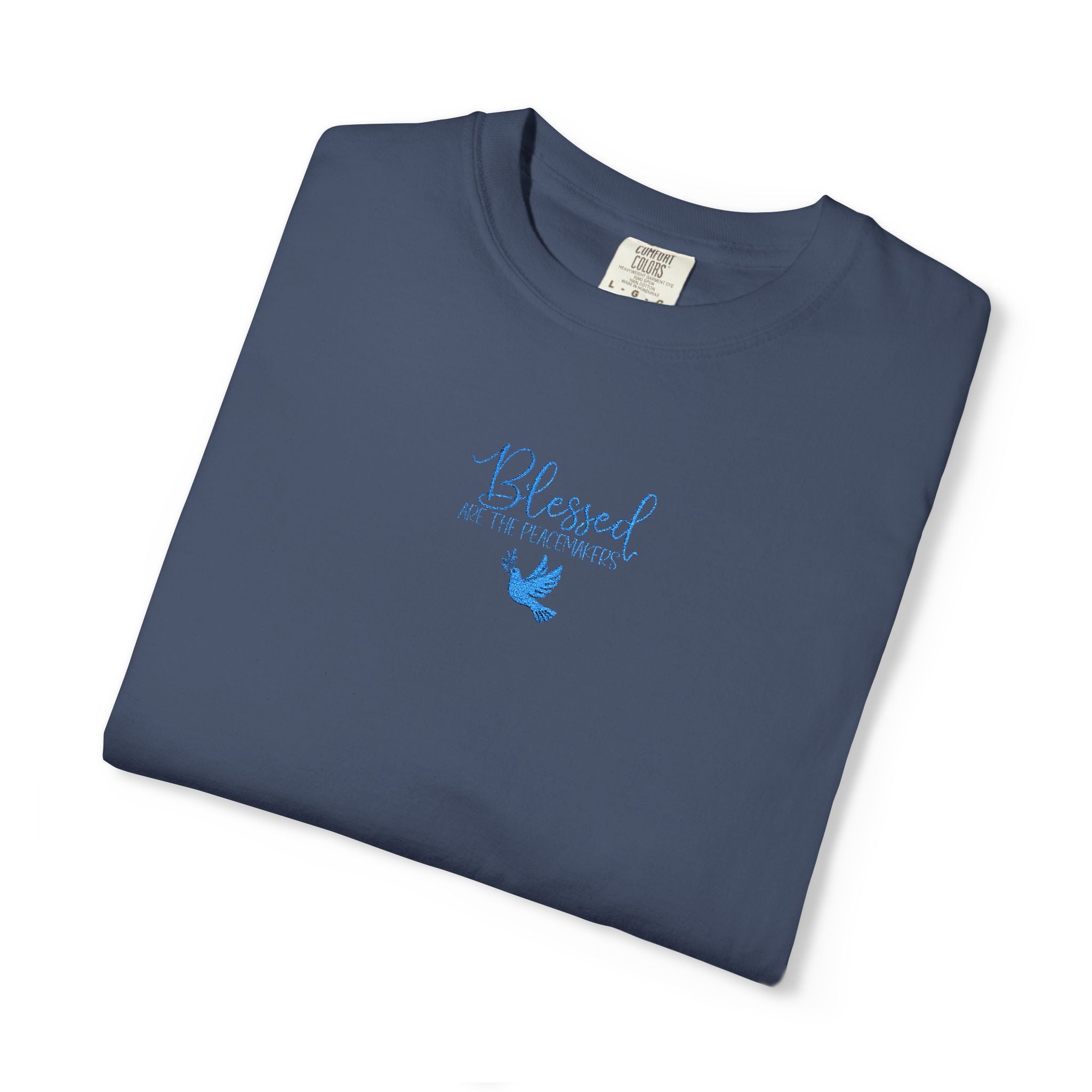folded 'Blessed are the Peacemakers' embroidered t-shirt in midnight