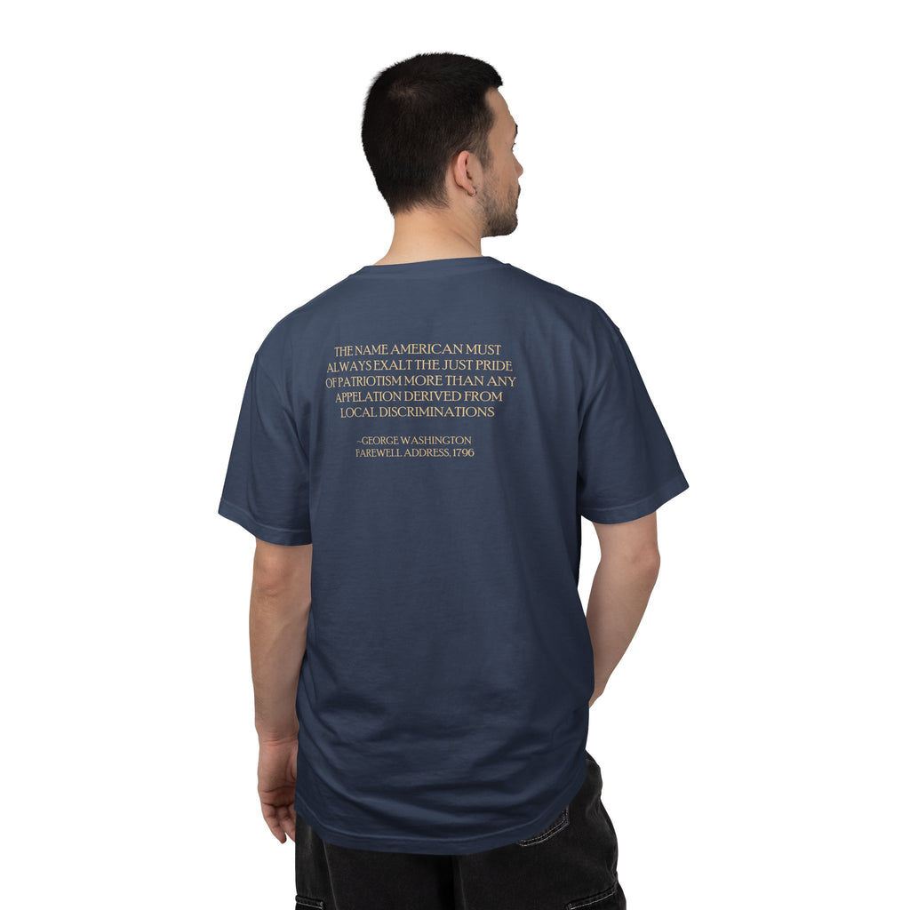 Back view of man wearing George Washington tee with Farewell Address quote spine in midnight