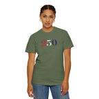 Female model wearing sage America 250 embroidered t-shirt