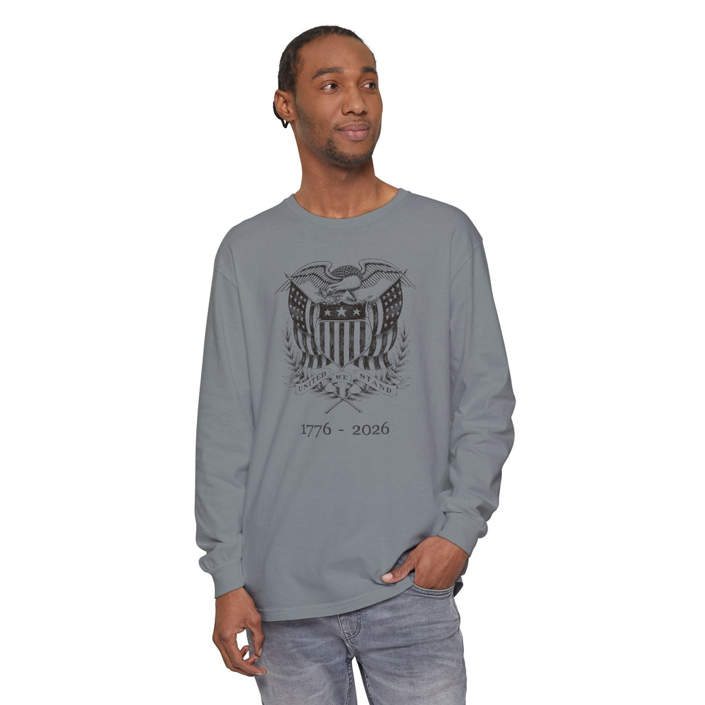 Man wearing a Granite long sleeve United We Stand eagle t-shirt
