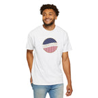 Smiling man wearing a White Comfort Colors t-shirt with an America 250 design with text 'America 250 Welcome to the Golden Age'