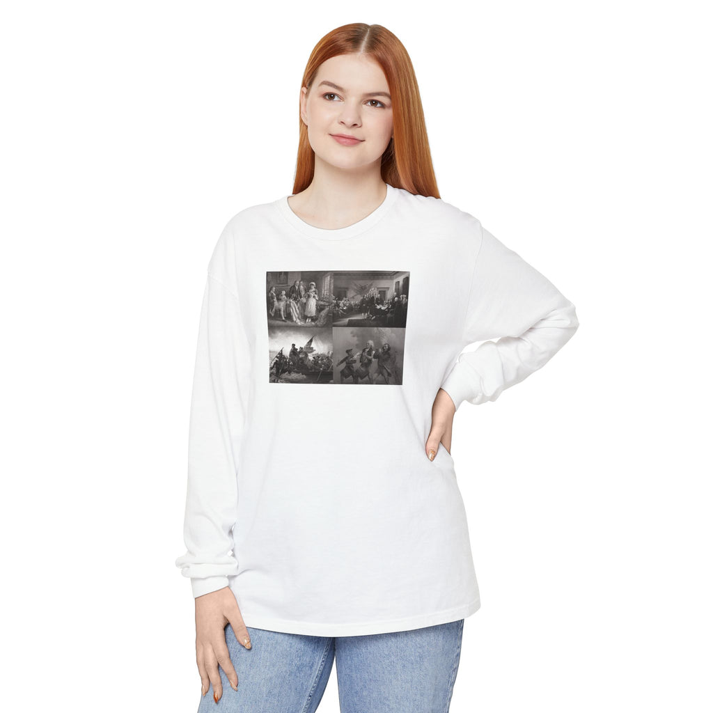 Woman wearing a White Comfort Colors t-shirt with a montage of revolutionary war era paintings