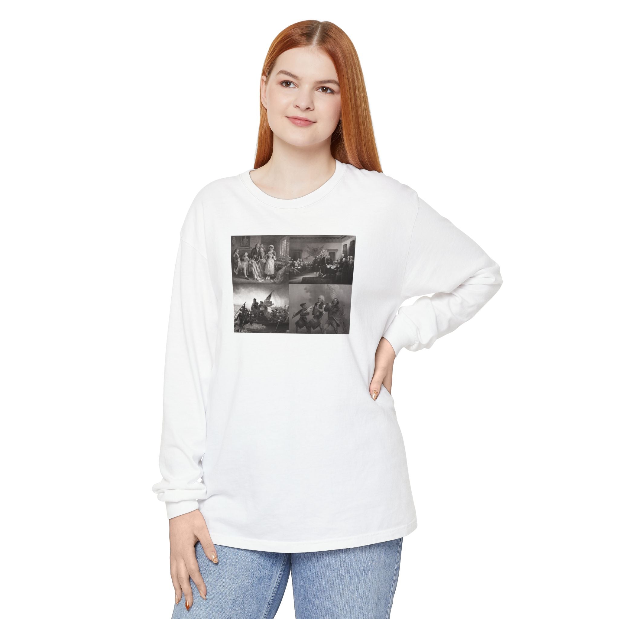 Woman wearing a White Comfort Colors t-shirt with a montage of revolutionary war era paintings