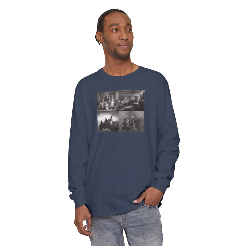 Man wearing a Midnight Comfort Colors t-shirt with a montage of revolutionary war era paintings