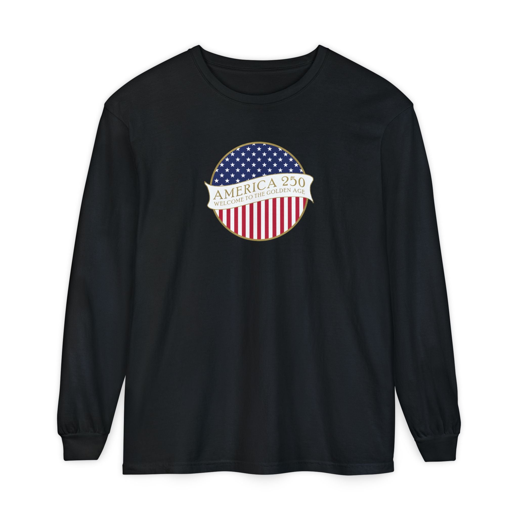 Long sleeve Black Comfort Colors t-shirt with America 250 design