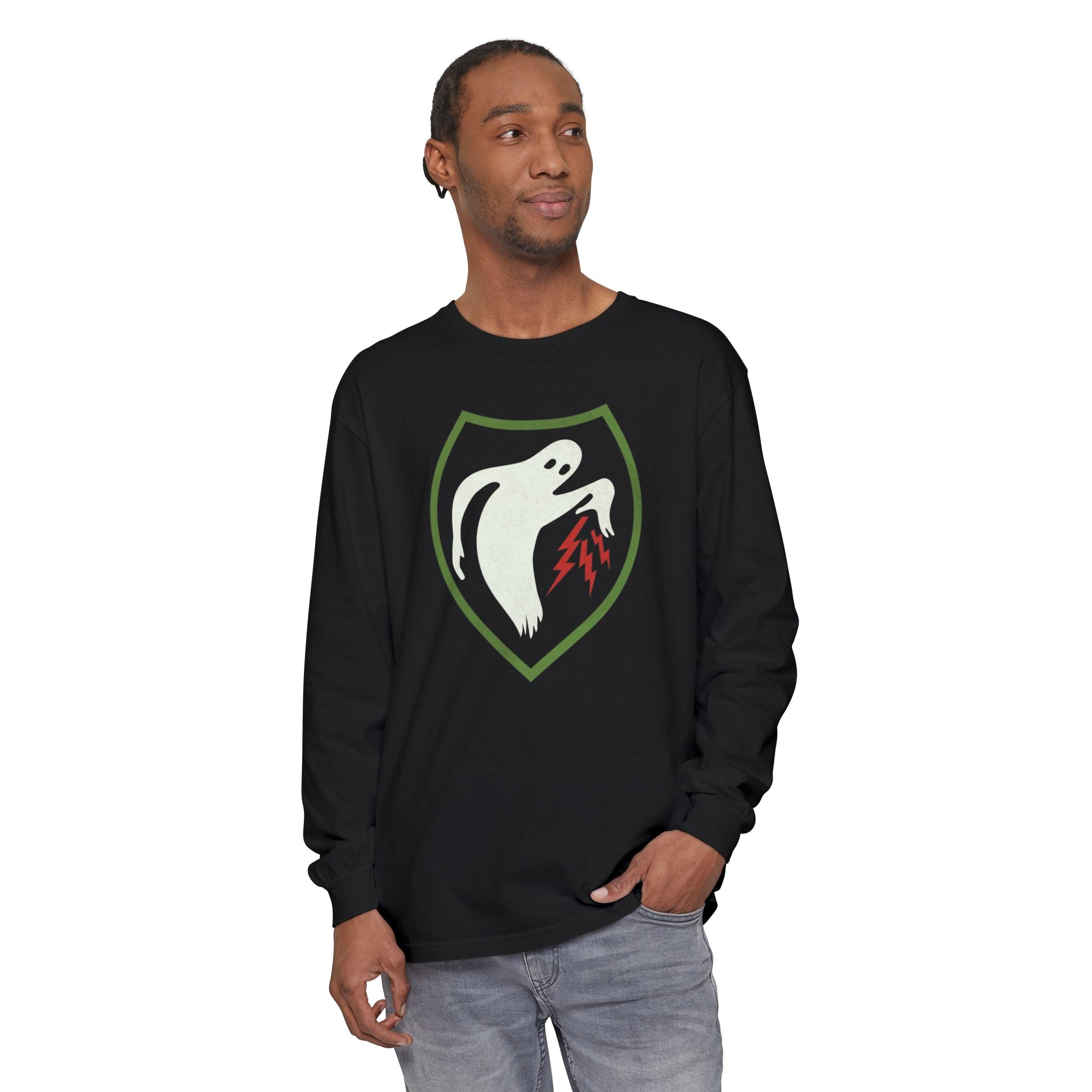 Man wearing Ghost Army long sleeve t-shirt in black 