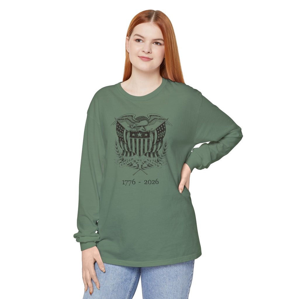 Woman wearing a Light Green long sleeve United We Stand eagle t-shirt