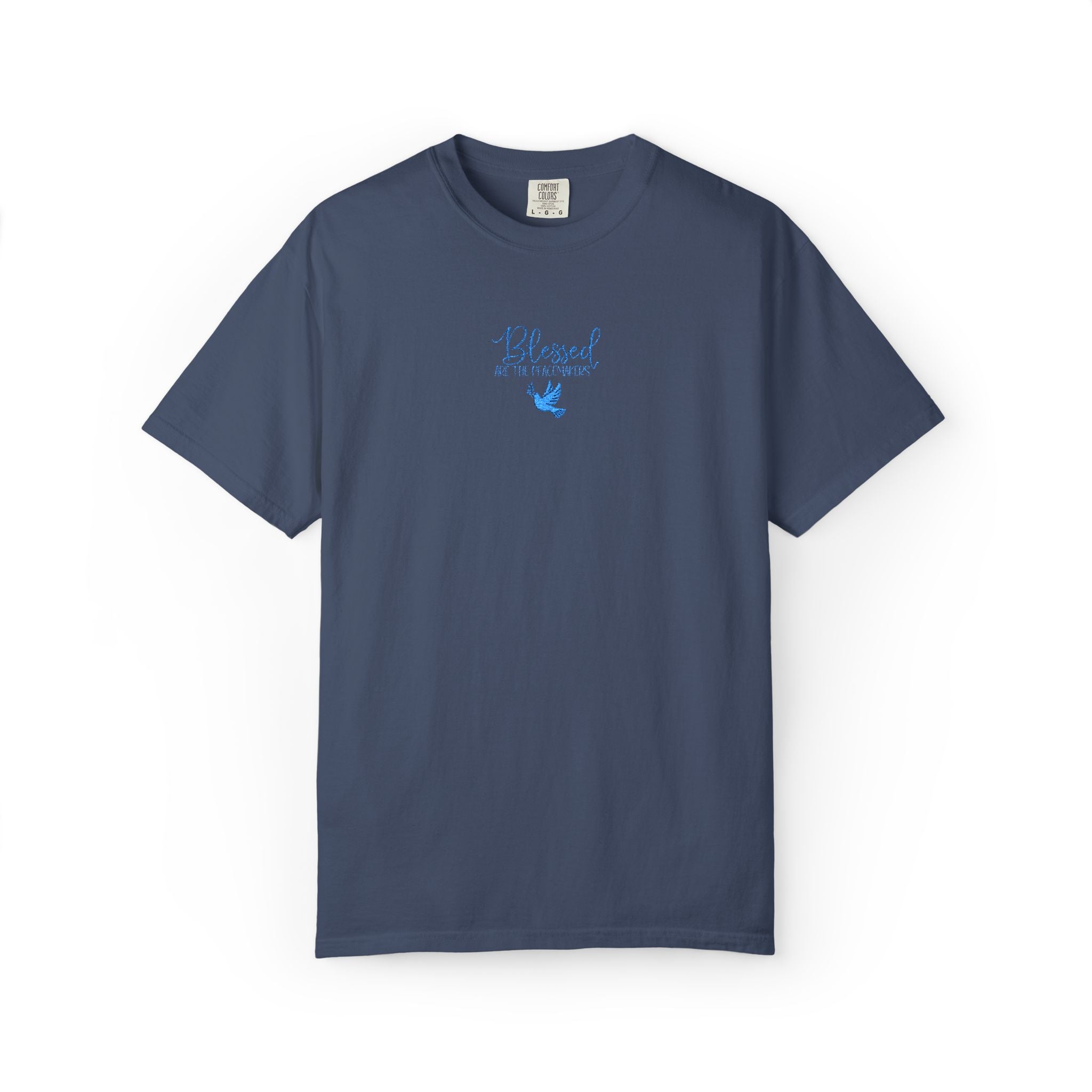 Midnight Comfort Colors t-shirt with embroidered "Blessed are the Peacemakers" + dove in a cornflower blue thread