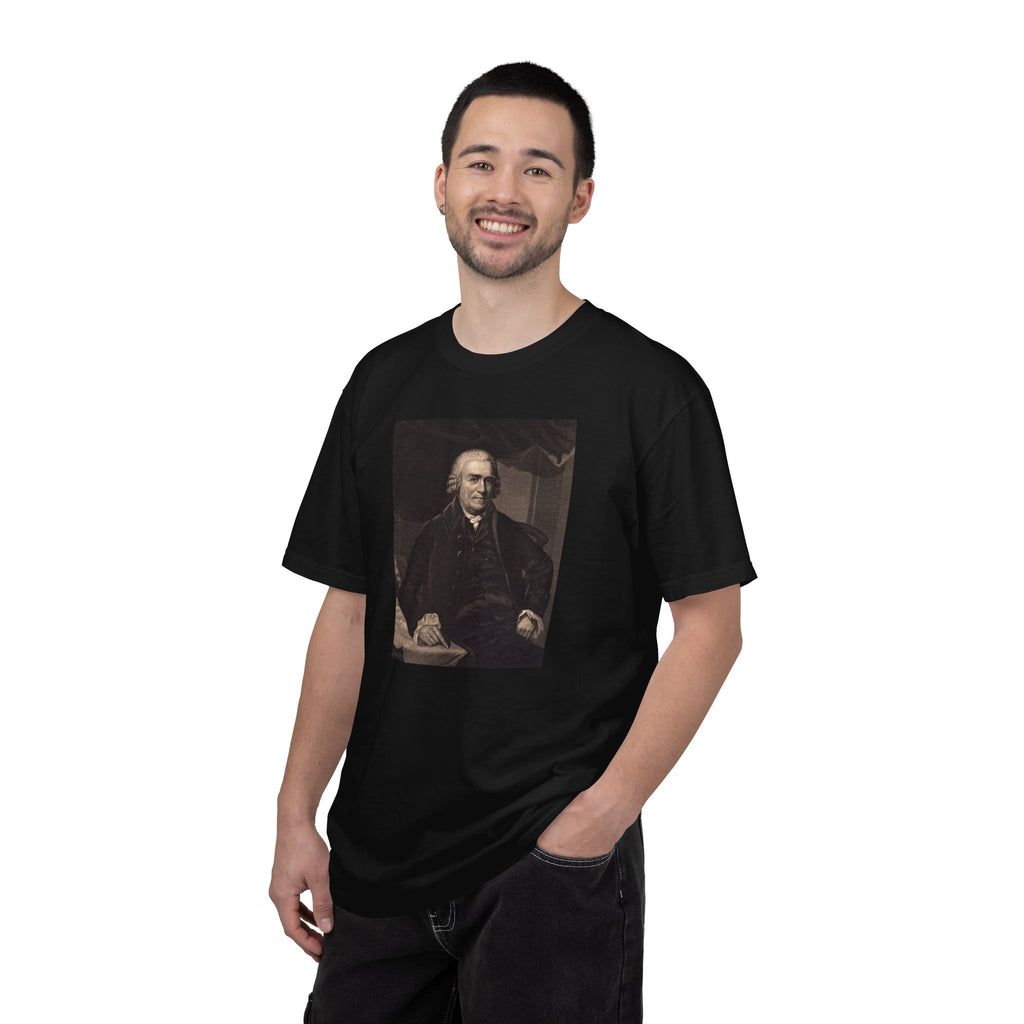 Male model wearing Samuel Adams mezzotint portrait t-shirt in black