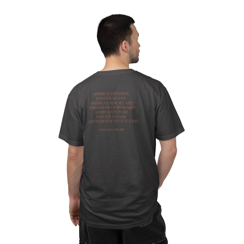 Back view of man wearing Donald Trump 47 tee with '...the best is yet to come' quote, in graphite
