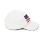 Right side view of white cap embroidered with Betsy Ross Flag
