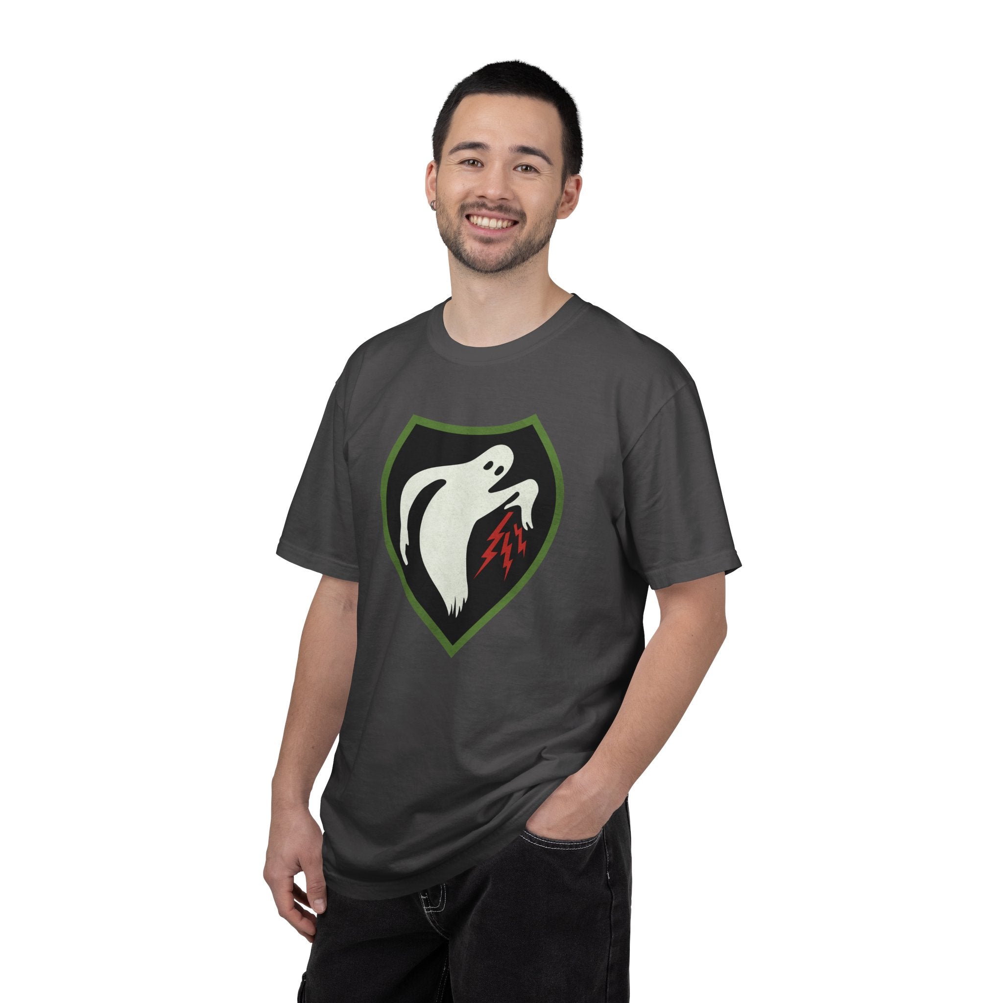 Man wearing Ghost Army patriotic t-shirt in graphite