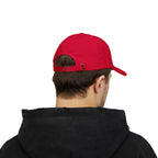 Back view of a man wearing a cranberry red cap
