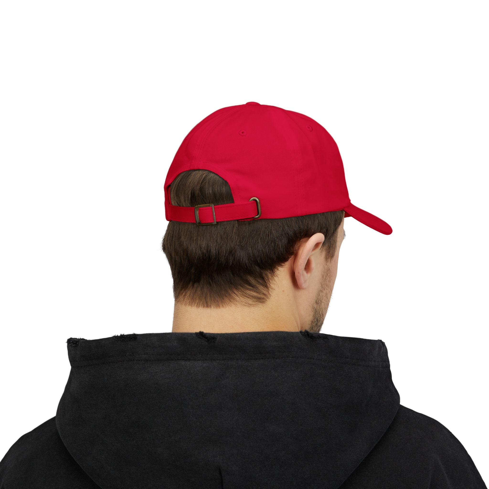 Back view of a man wearing a cranberry red cap