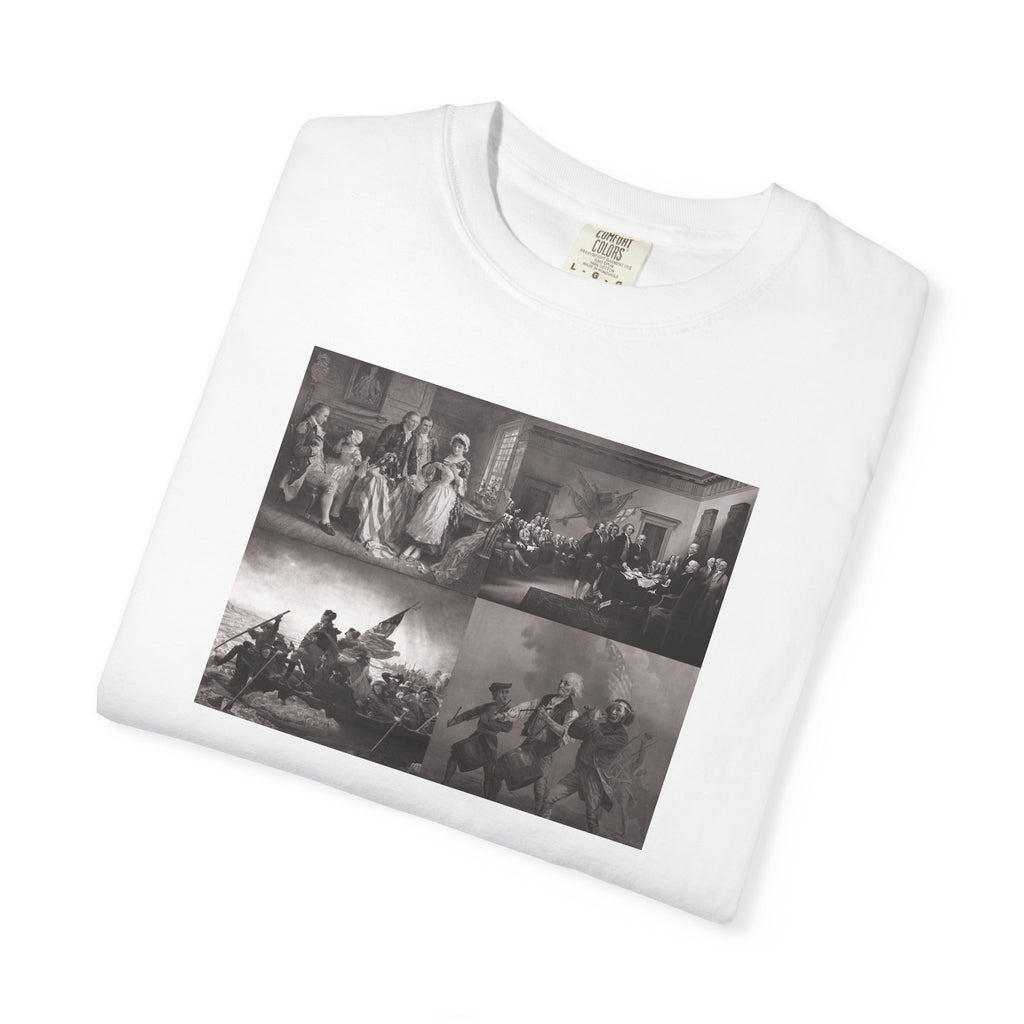Folded White Comfort Colors t-shirt printed with a montage of four revolutionary war era paintings