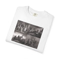 Folded White Comfort Colors t-shirt printed with a montage of four revolutionary war era paintings