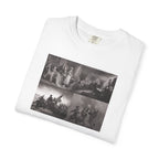Folded White Comfort Colors t-shirt printed with a montage of four revolutionary war era paintings