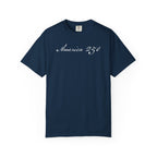 America 250 script patriotic t-shirt with  elegant script lettering in true navy