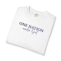 Folded White Comfort Colors t-shirt with 'One Nation under God' embroidered with blue thread