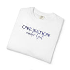 Folded White Comfort Colors t-shirt with 'One Nation under God' embroidered with blue thread