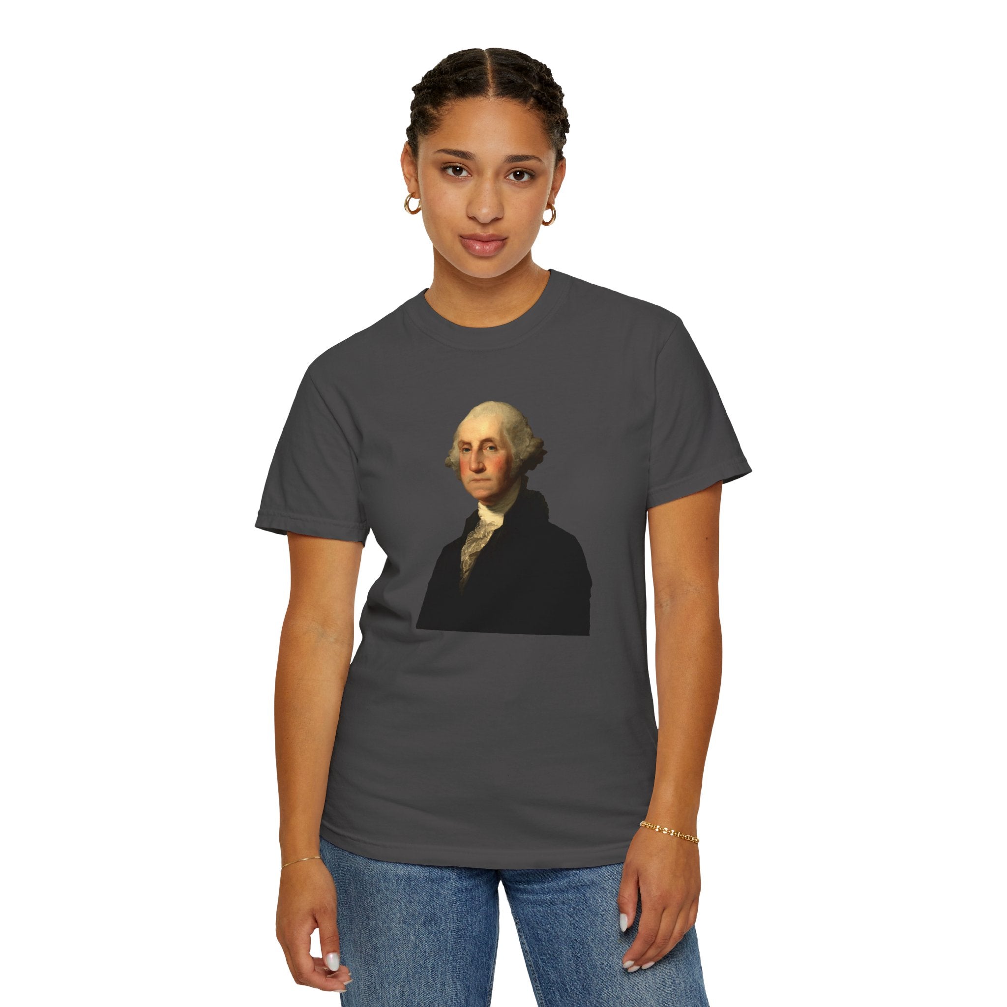 Woman wearing George Washington t-shirt in graphite