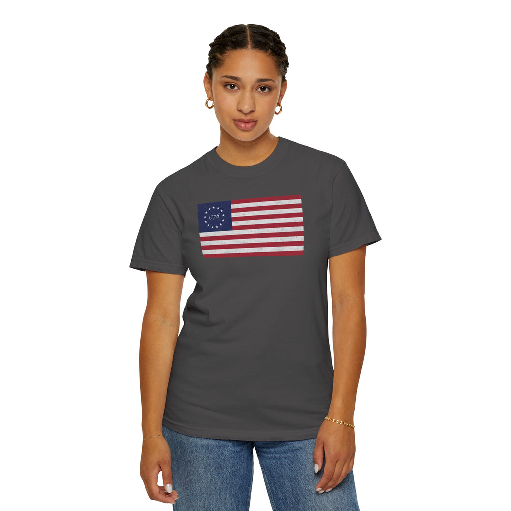 Female model wearing distressed 1776 Betsy Ross flag t-shirt in graphite