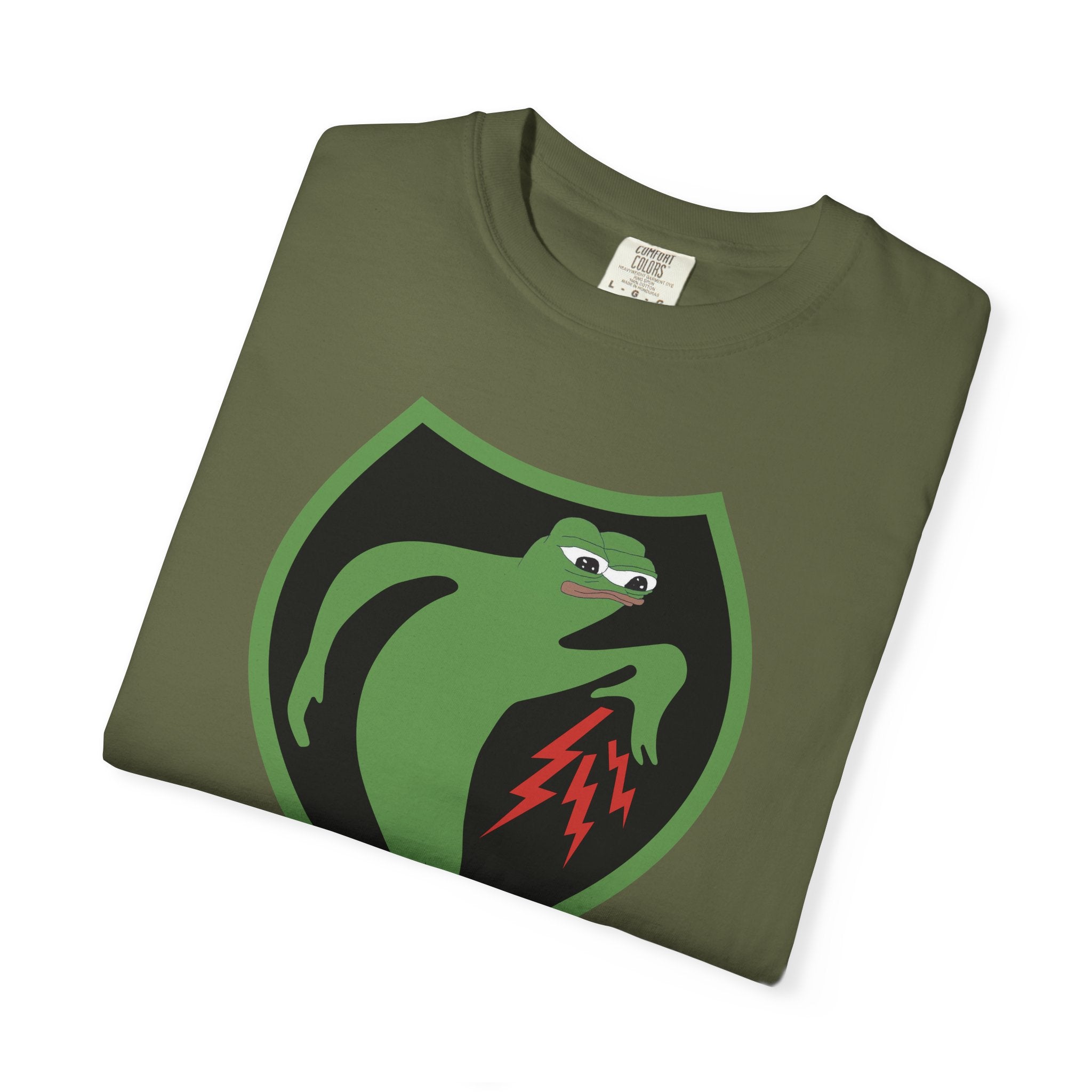 Folded Apu Ghost Army NCSWIC meme t-shirt with lightning bolts and shield on Comfort Colors in Hemp