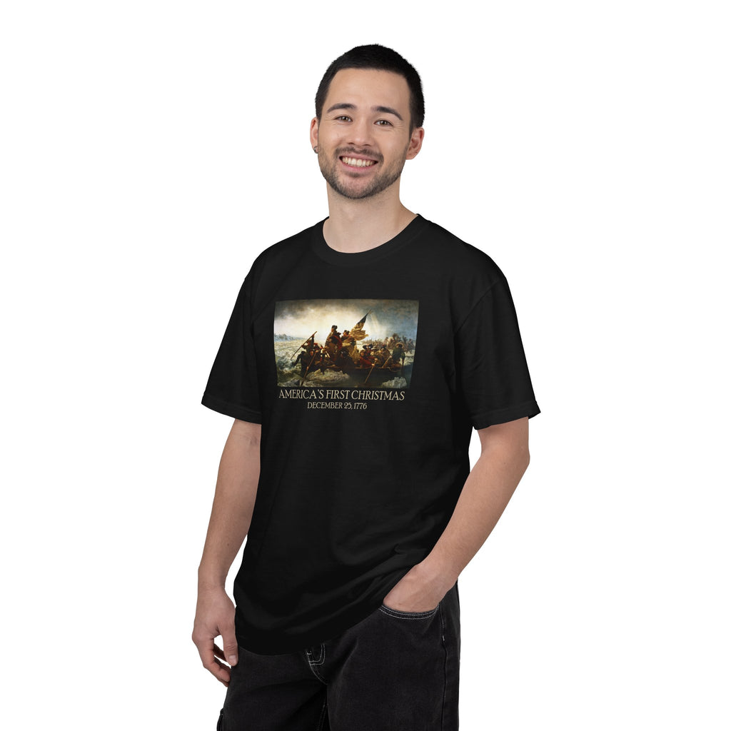Male model wearing America's First Christmas 1776 meme t-shirt in black