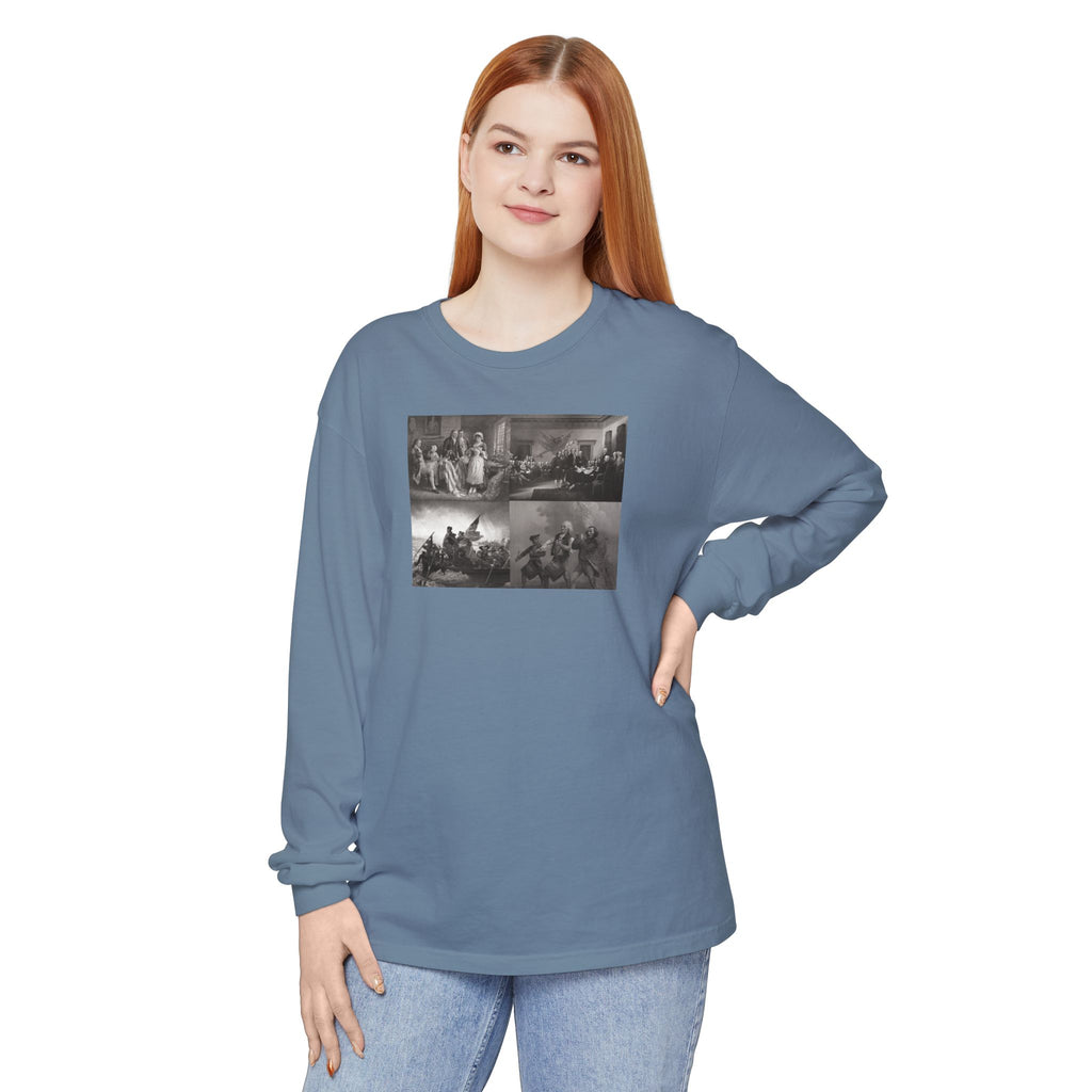 Woman wearing a Blue Jean Comfort Colors t-shirt with a montage of revolutionary war era paintings