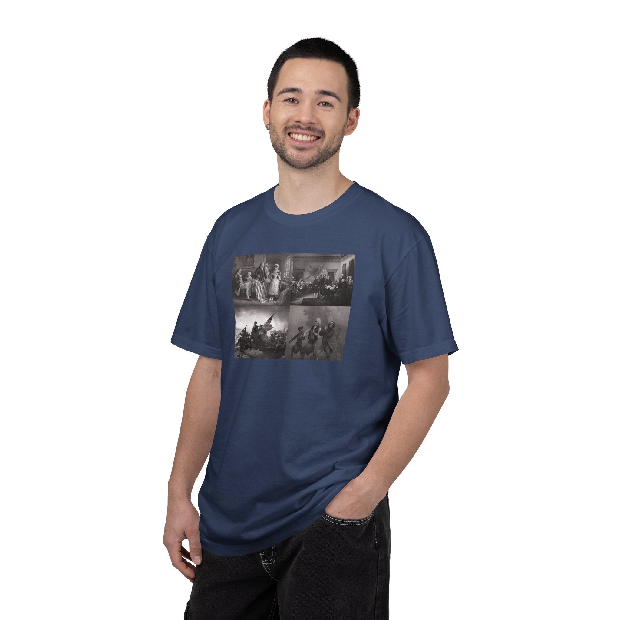 Man wearing a China Blue Comfort Colors t-shirt printed with a montage of four revolutionary war era paintings