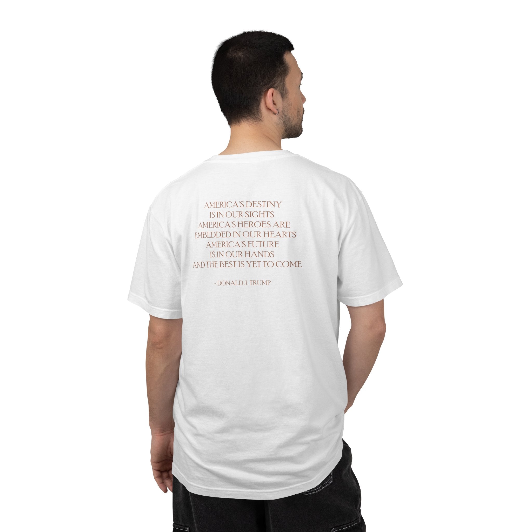 Back view of man wearing Donald Trump 47 tee with '...the best is yet to come' quote, in white