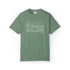 Light Green t-shirt with mountain river design and Bible verse from Micah 6:8 against a white background