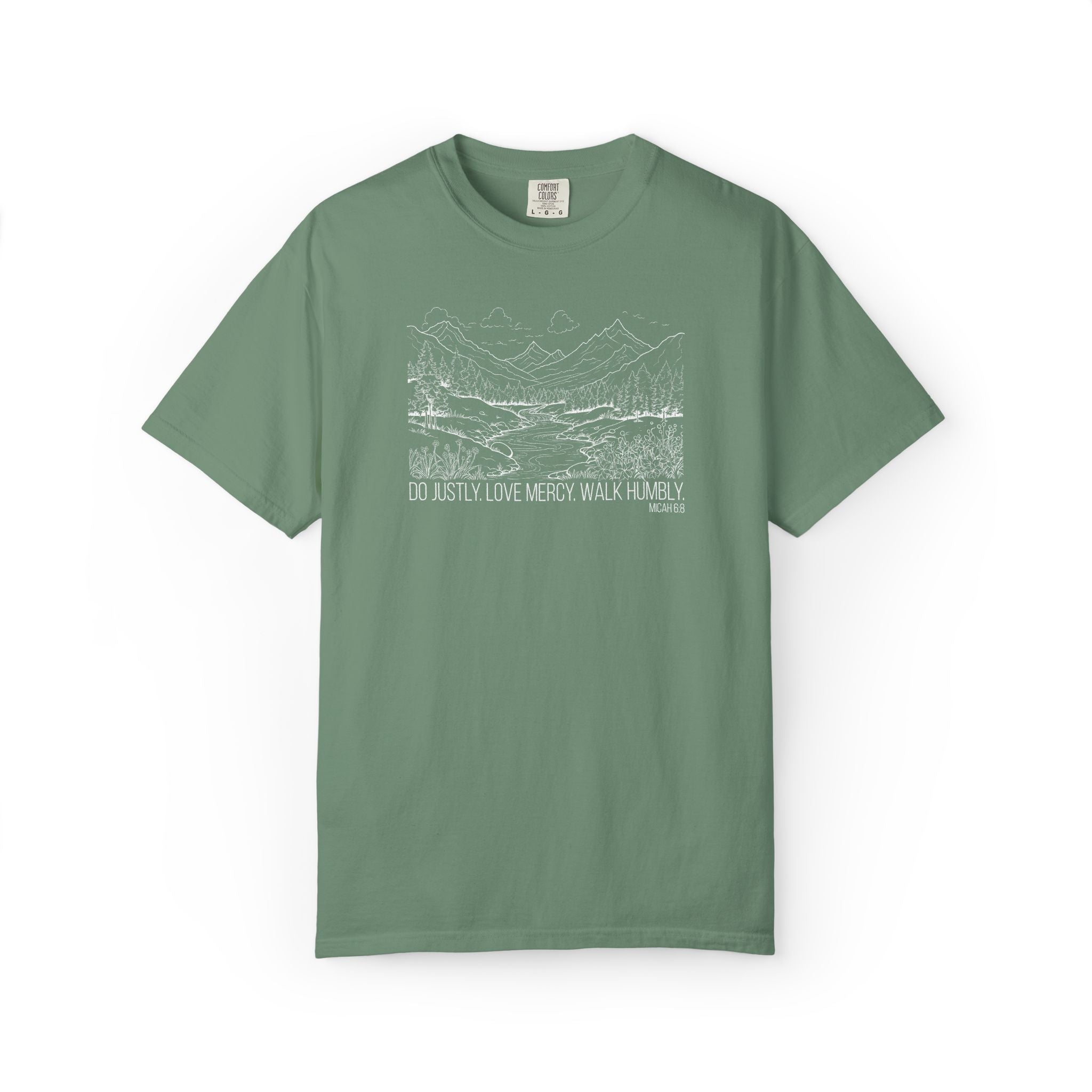 Light Green t-shirt with mountain river design and Bible verse from Micah 6:8 against a white background