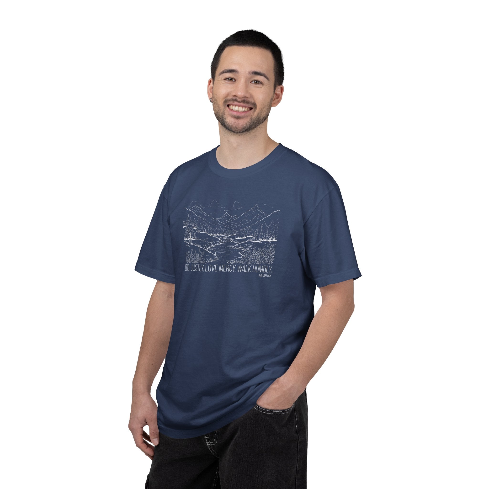 Smiling man wearing Micah 6:8 Christian t-shirt in china blue
