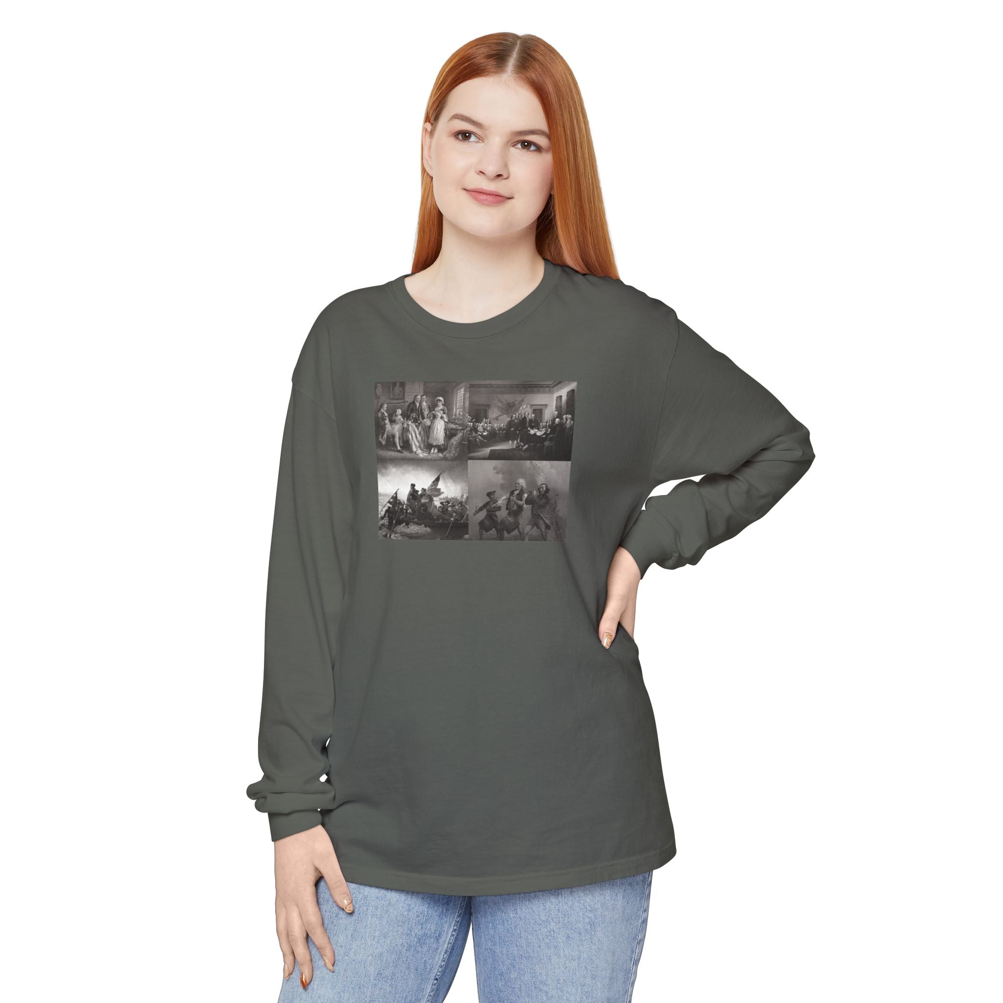 Woman wearing a Pepper Comfort Colors t-shirt with a montage of revolutionary war era paintings