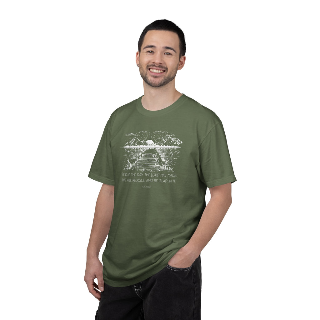 Smiling man wearing Sage Comfort Colors t-shirt with nature graphic and Psalm 118:24 underneath