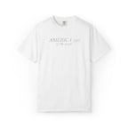 White Comfort Colors t-shirt with 'AMERICA 250 1776-2026' embroidered in white thread