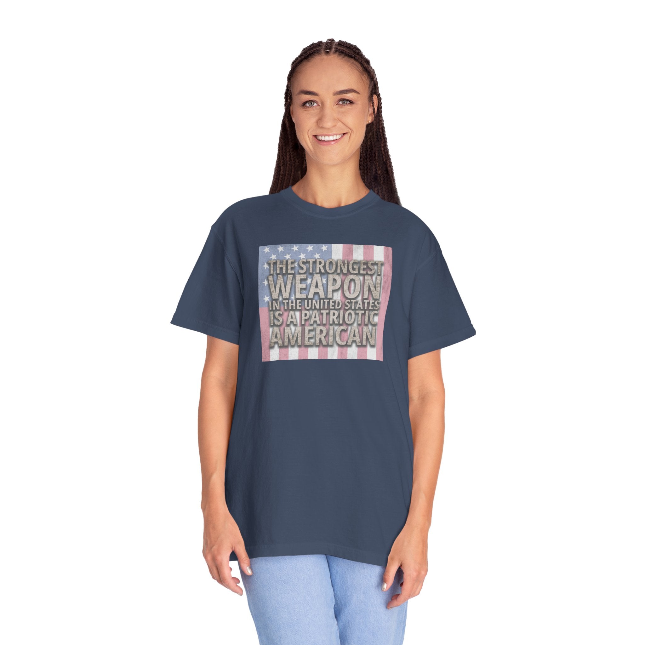 woman wearing oversized 'The Strongest Weapon in the United States is a Patriotic American' t-shirt in midnight