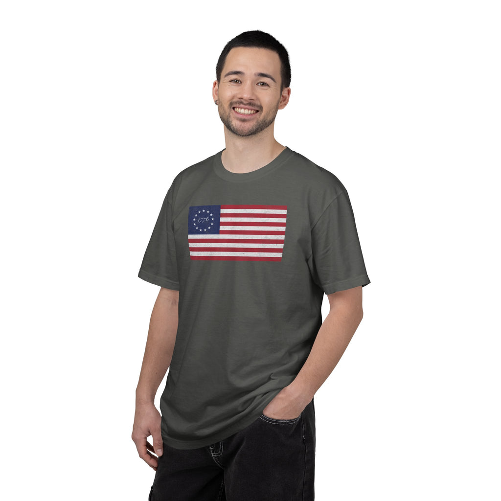 Male model wearing distressed 1776 Betsy Ross flag t-shirt in pepper