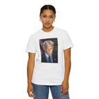 Woman wearing Donald Trump 47 patriotic t-shirt in white