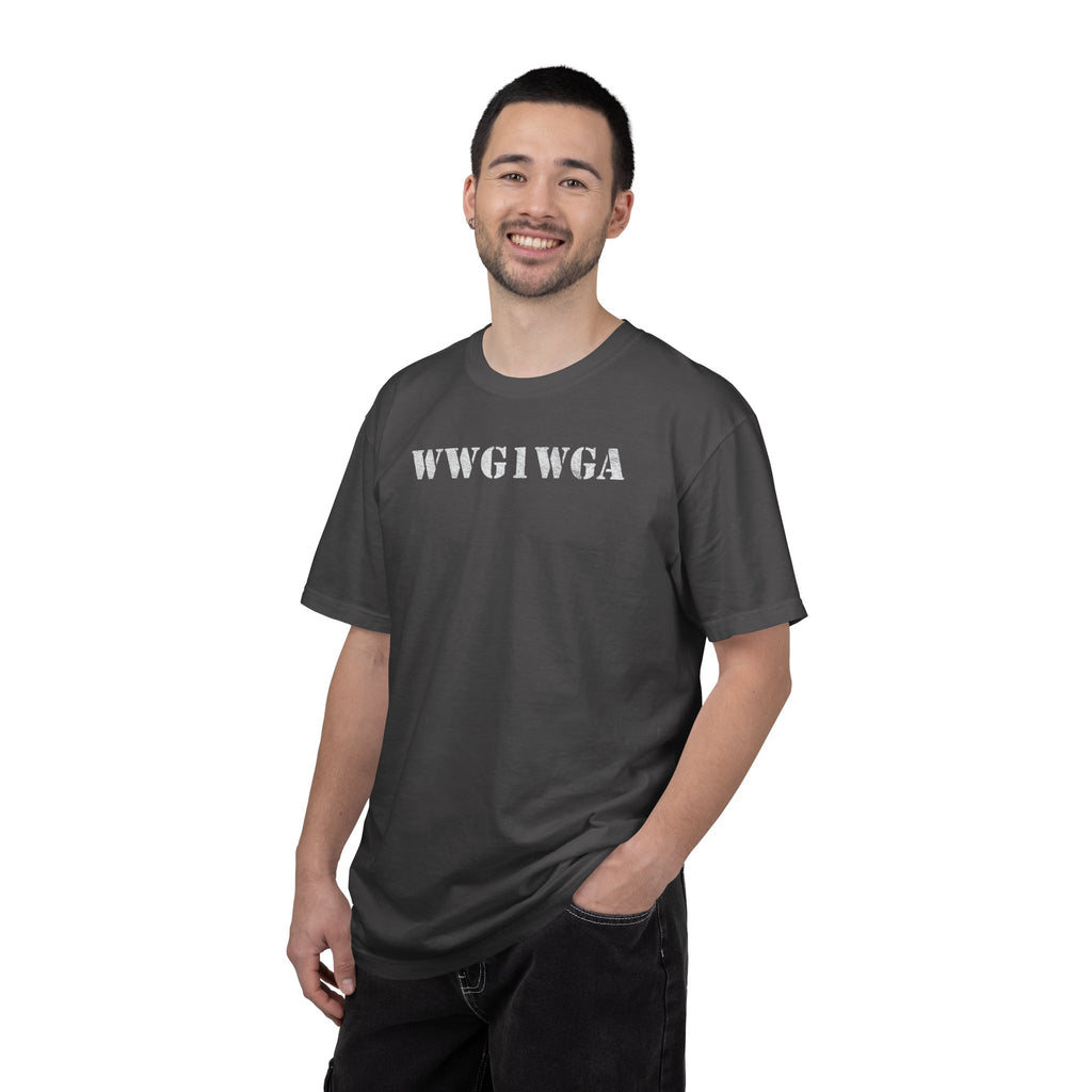 Man wearing WWG1WGA stencil t-shirt in graphite