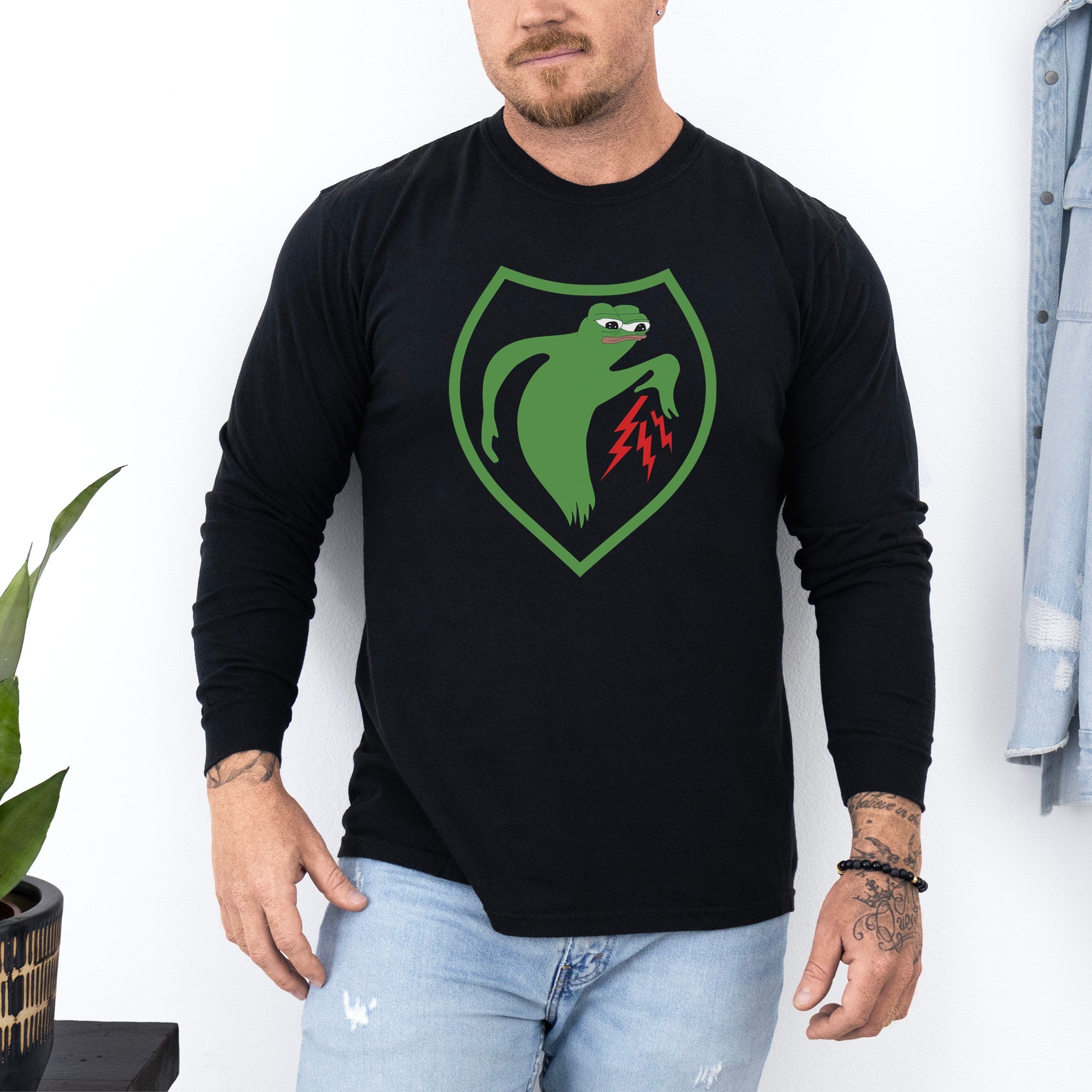 Male model wearing Apu Ghost Army long sleeve t-shirt in black