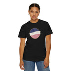 Woman wearing a Black Comfort Colors t-shirt with an America 250 design with text 'America 250 Welcome to the Golden Age'