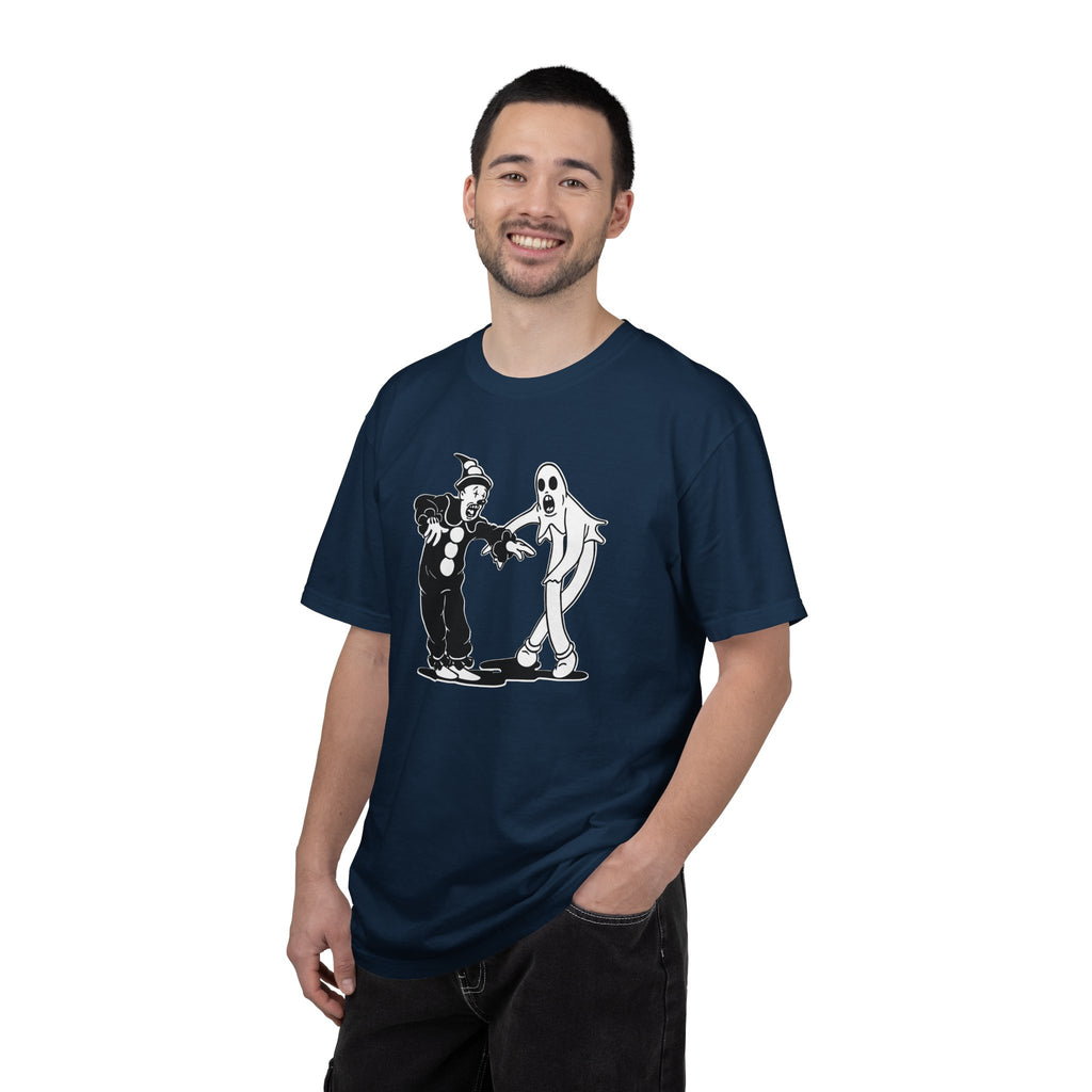 Person wearing Koko the Clown Dancing Ghost meme t-shirt in true navy
