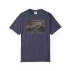 Denim Comfort Colors t-shirt with a printed design of Trumbull's  'Declaration of Independence' painting with '1776-2026' in overlapping revolutionary era text